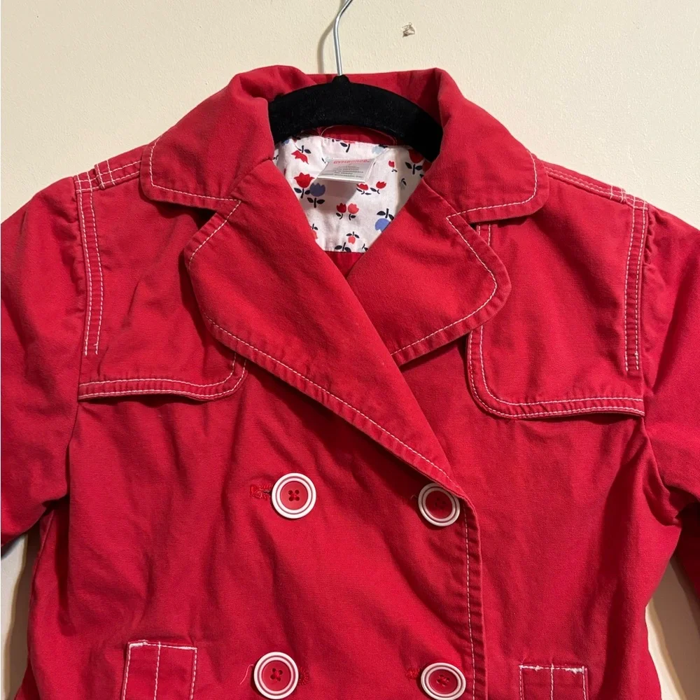 Gymboree girls red double-breasted cotton trench coat size 7 Red w/White‎ stitch